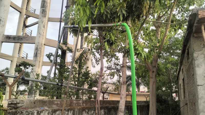 Municipal fire engines are extinguishing fires with filtered water