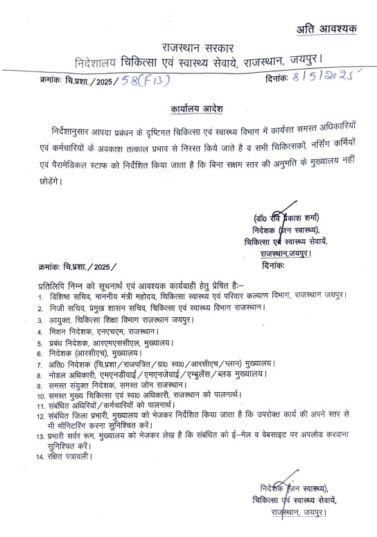 चिकित्सा विभाग का आदेश
