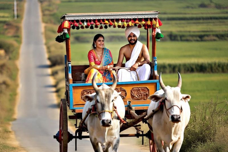 couple travelling in bullock cart