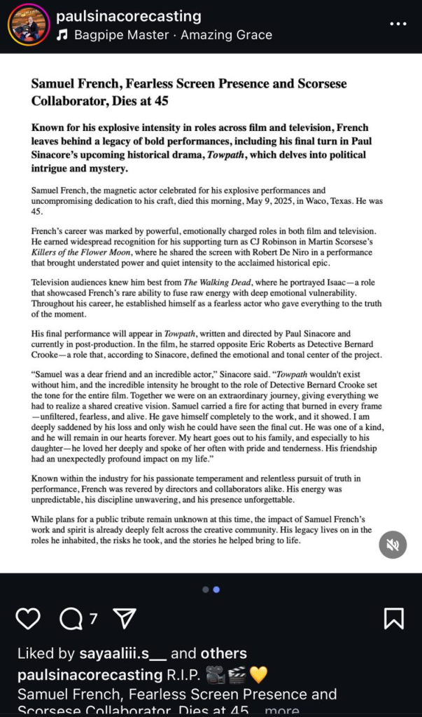Killers of the Flower Moon Actor Samuel French Death