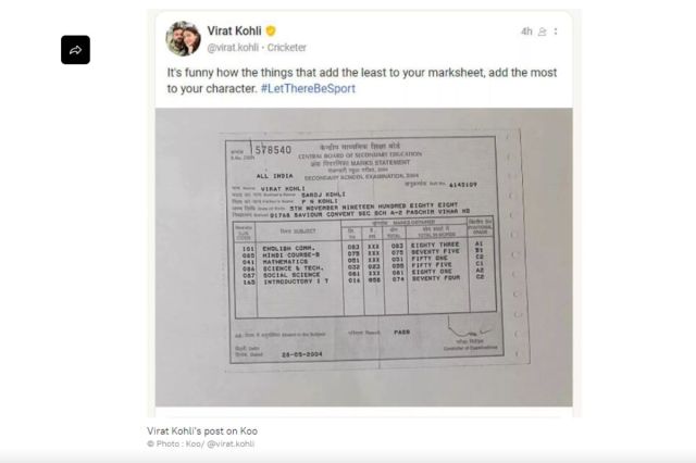 virat kohli 10th class marksheet