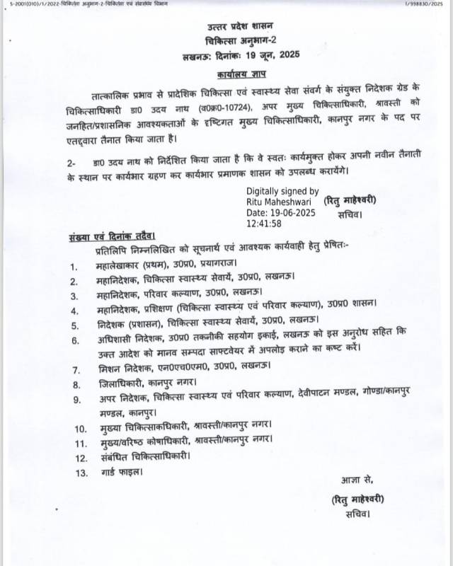 डॉ उदय नाथ को बनाया गया कानपुर का नया सीएमओ (आदेश पत्र)