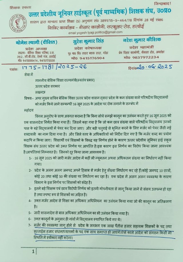 उत्तर प्रदेशीय जूनियर हाई स्कूल शिक्षक संघ का ज्ञापन (फोटो सोर्स- शिक्षक संघ)