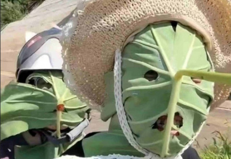 People using lotus leaves for sun protection