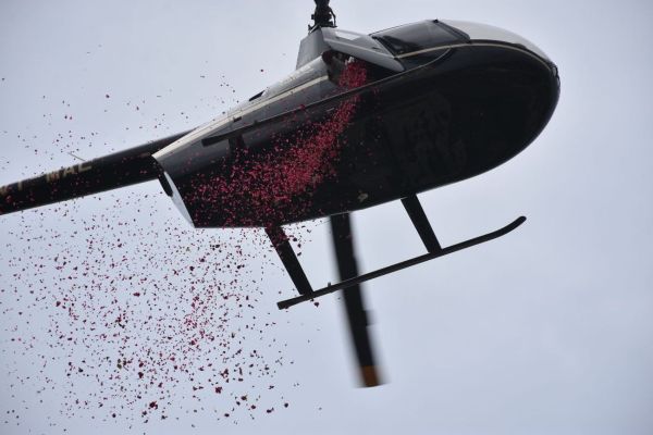 Spread the eyelids to welcome the saint, flowers rain from the sky