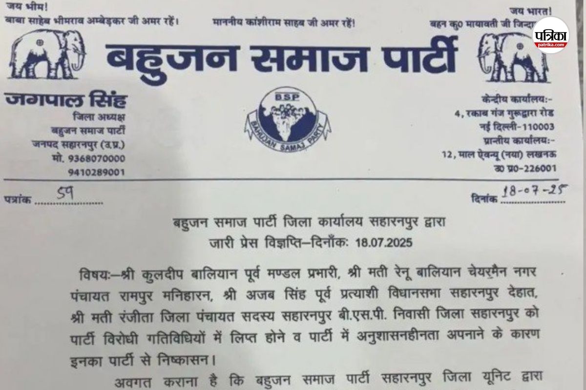 Action : सहारनपुर में चार बड़े नेताओं को बसपा ने पार्टी से निकाला