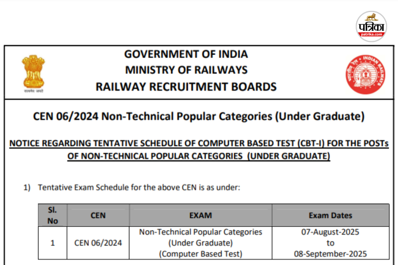 RRB NTPC UG Exam Date 2025
