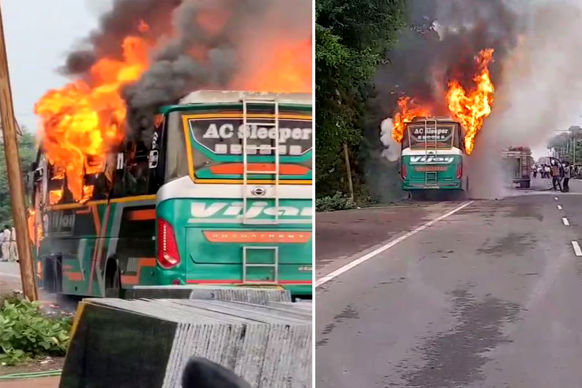 यात्रियों से खचाखच भरी बस में भीषण आग, खिड़कियों से कूदते नजर आए यात्री, बस जलकर
खाक
