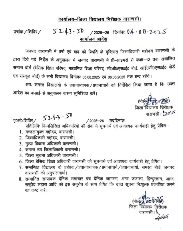 जिला विद्यालय निरीक्षक भोलेंद्र प्रताप सिंह ने प्री प्राइमरी से कक्षा 12 के सभी विद्यालयों को बंद करने का आदेश दिया है। 
