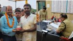 अपराधी से सम्मान लेते एसओजी प्रभारी, पुलिस अधीक्षक ने किया दंडित (फोटो सोर्स- 'X' एटा पुलिस)