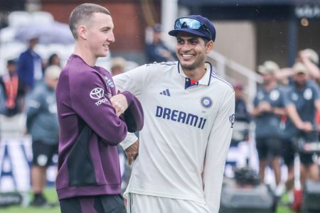 London: India's captain Shubman Gill interacts with England's Harry Brook after the fifth Test cricket match between India and England