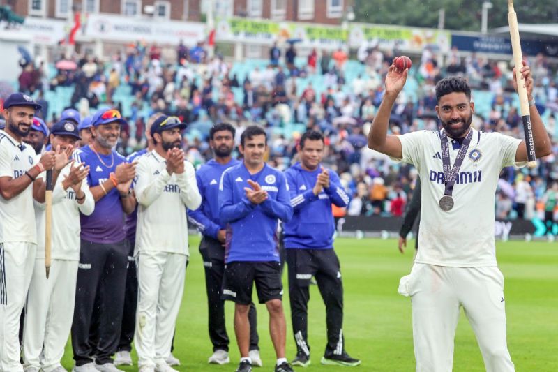 Mohammad Siraj celebrating winning POTM in Oval Test ()
