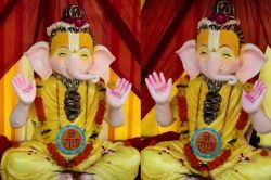 एमपी में ‘प्रेमानंद महाराज’ के स्वरूप वाली ‘गणेश प्रतिमा’ स्थापित, दोनों हाथों
पर लिखा ‘राधा-राधा’ - image
