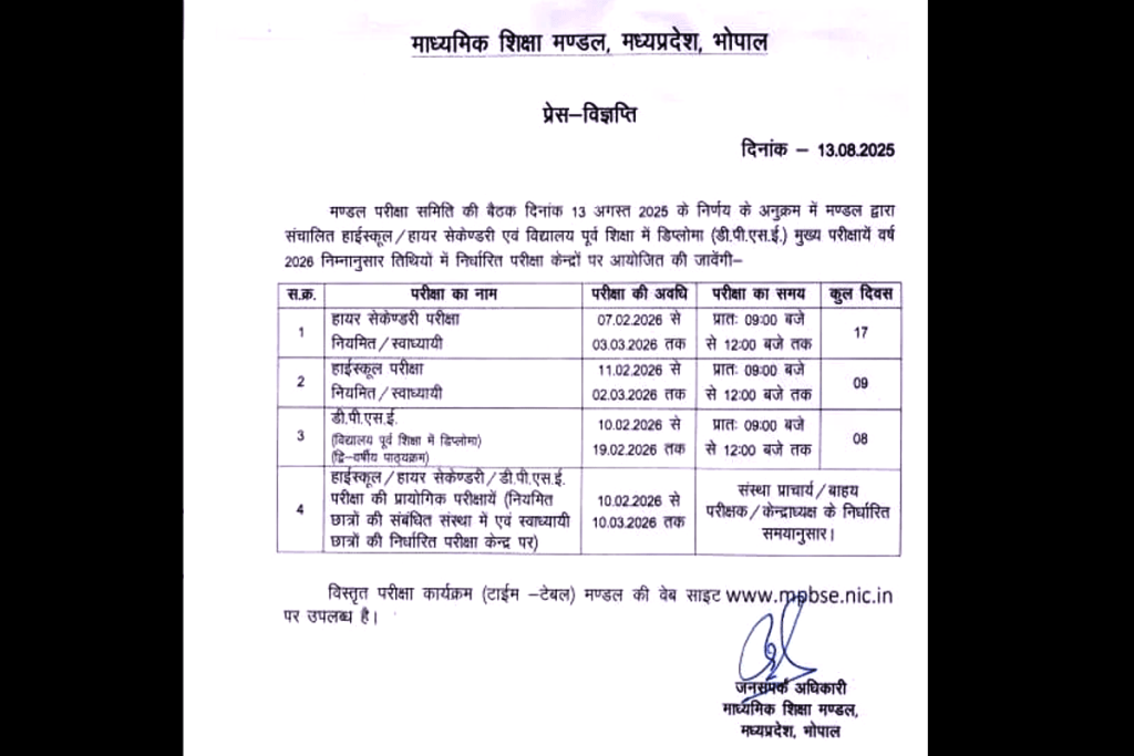 MP Board Exam Time Table 2025-26