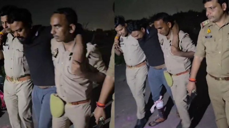 पुलिस के कंधों का सहारा लेकर चलता हत्यारोपी (फोटो सोर्स-उन्नाव पुलिस सोशल मीडिया वीडियो ग्रैब)