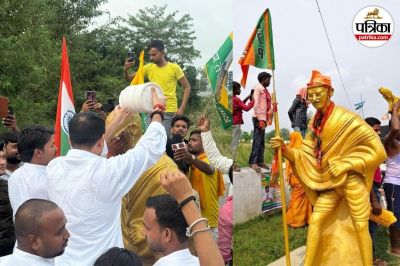 गांधी जी की प्रतिमा का शुद्धिकरण करते तेज प्रताप यादव