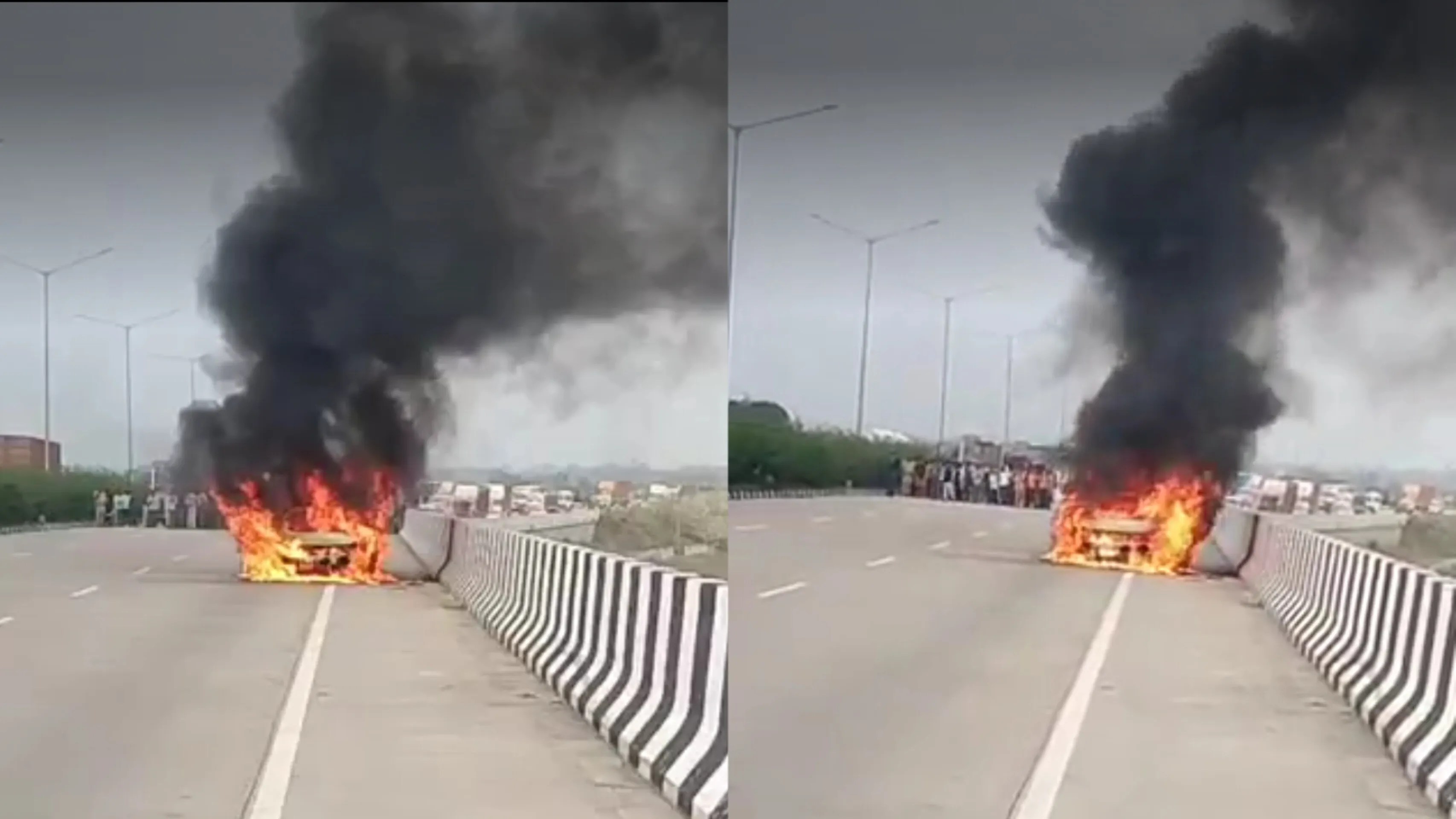 कन्नौज हाईवे पर जलती कार (फोटो सोर्स- 'X' कन्नौज)