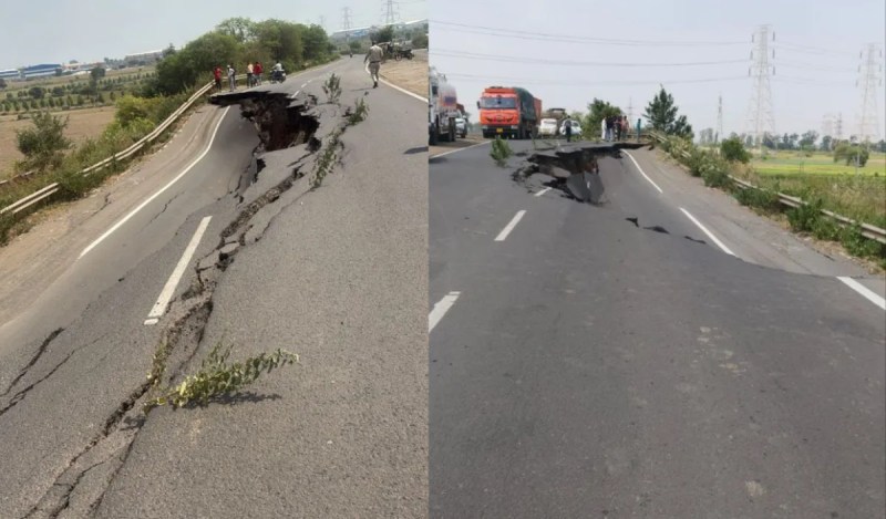 Traffic on one lane closed due to road collapse in Bilkhiriya in Bhopal