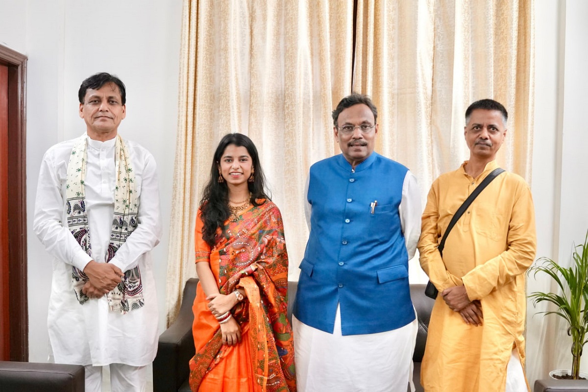 Singer Maithili Thakur, BJP Bihar in-charge Vinod Tawde and Union Minister Nityanand Rai