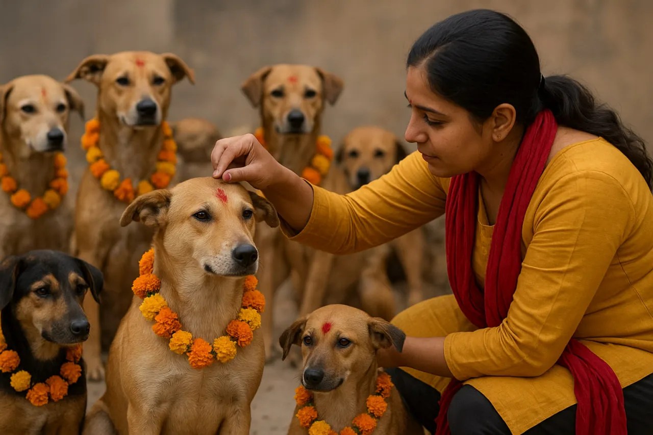 dogs worshiped during Kukur Tihar in Nepal
