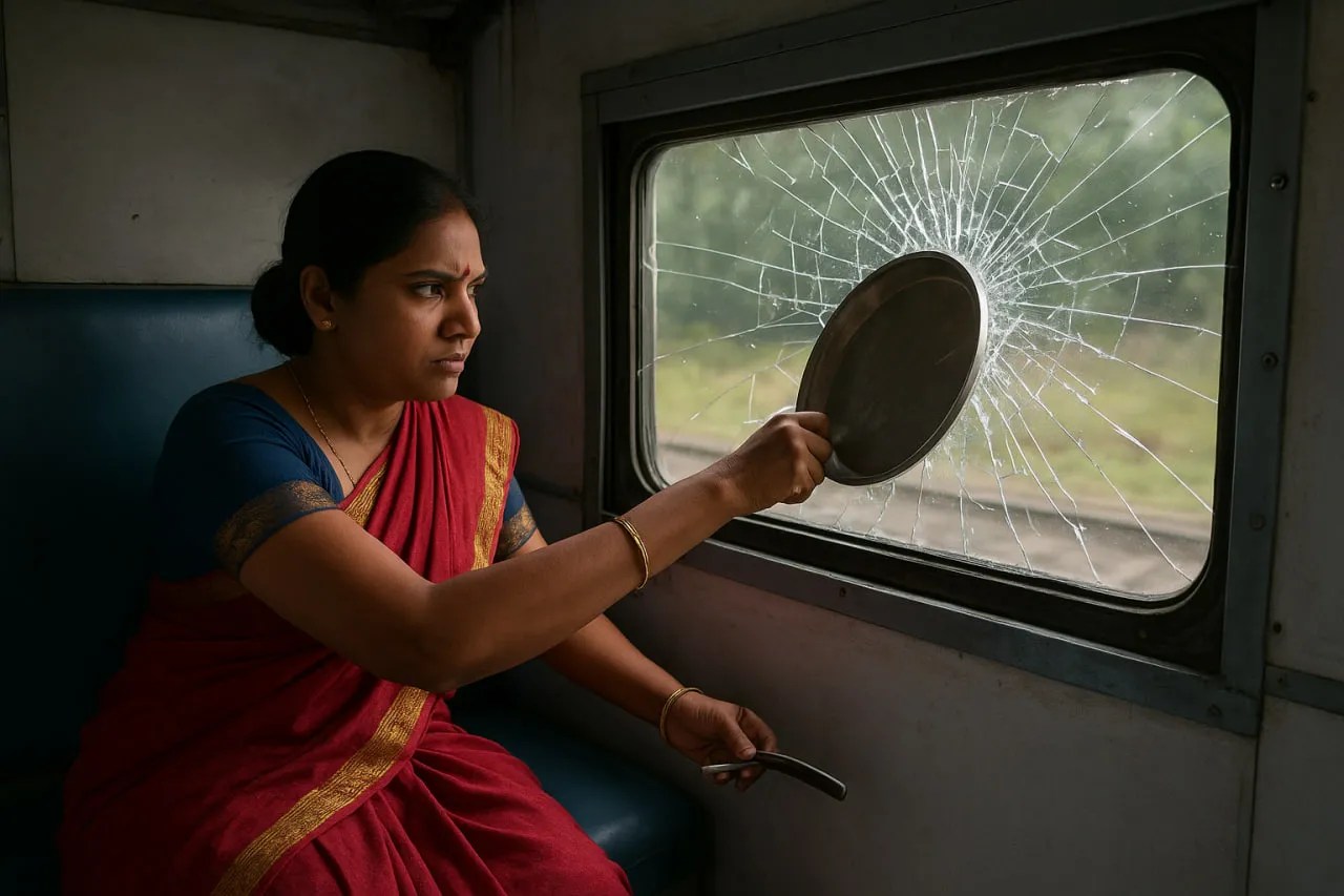 woman break glass of train window after her purse gets stolen