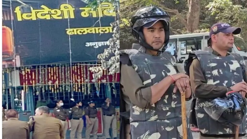A heavy police force has been deployed at the English liquor shop in Dhalwala