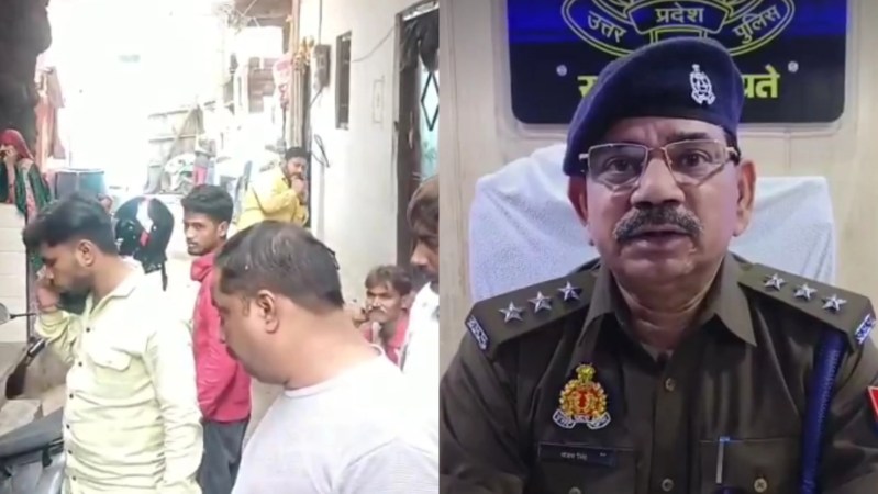 घटनास्थल पर लगी भीड़, घटना की जानकारी देते सहायक पुलिस आयुक्त सीसामऊ (फोटो सोर्स- 'X' कानपुर )
