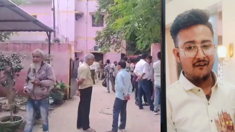 पोस्टमार्टम हाउस में लगी भीड़ और साहिल की फाइल फोटो (फोटो सोर्स- 'X' कानपुर)