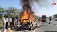 car fire badaun sambhal border wagonr burnt highway