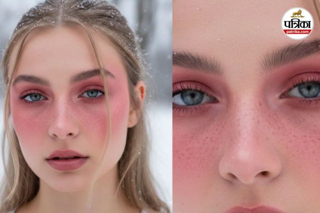 Blush bombing makeup trend from cheeks to eyes, Rosy pink blush bombing for cold girl look.