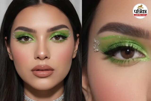 Emerald green graphic winged eyeliner, Golden graphic liner with beads and stones.