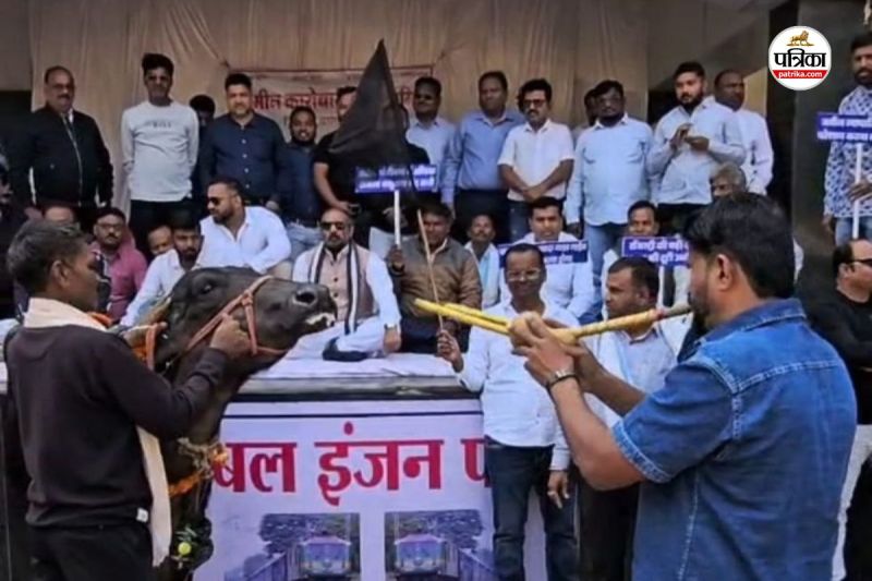 जमीन कारोबारियों का अनोखा प्रदर्शन! नई गाइडलाइन के खिलाफ भैंस के आगे बीन बजाकर जताया विरोध, जानें क्या है मांग?(photo-patrika)