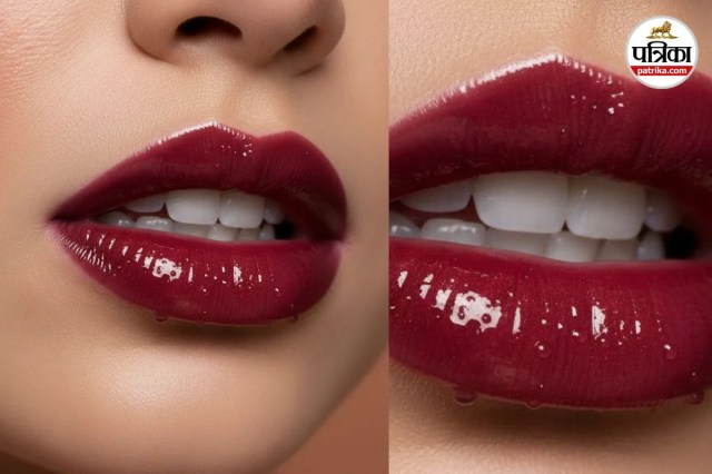 Glossy wine lips makeup trend 2025, Shiny deep berry lipstick for Christmas, High-shine wine lip gloss look.