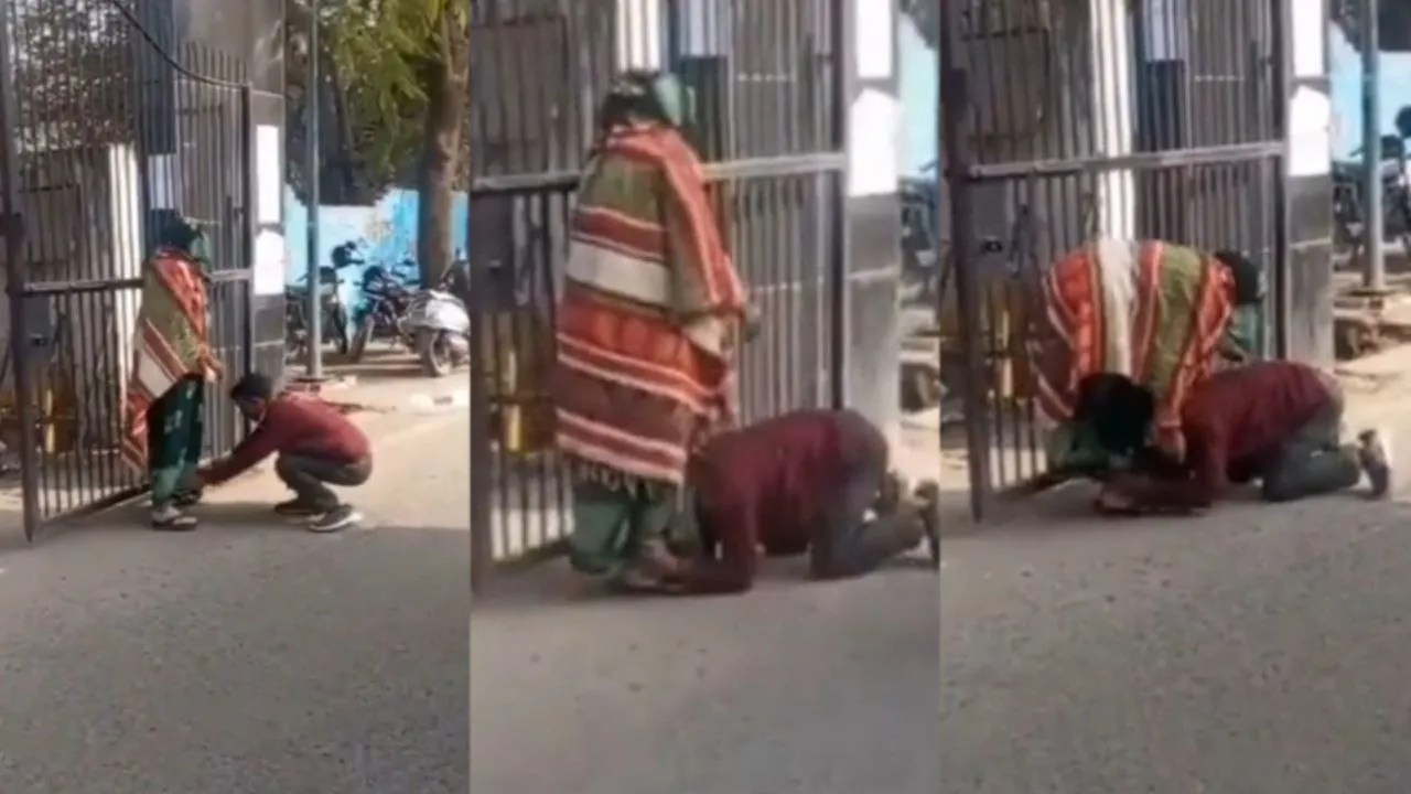 युवक कुछ इस प्रकार सास के पैरों पर गिरकर लगाई गुहार (फोटो सोर्स- वीडियो ग्रैब)