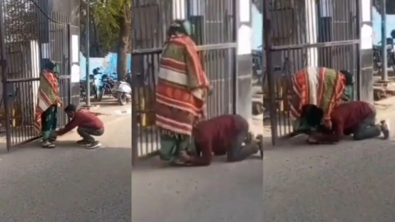 युवक कुछ इस प्रकार सास के पैरों पर गिरकर लगाई गुहार (फोटो सोर्स- वीडियो ग्रैब)