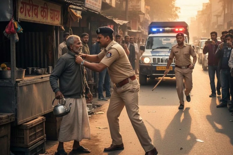 In Haldwani, a police officer grabbed a tea vendor by the collar and dragged him to the police station