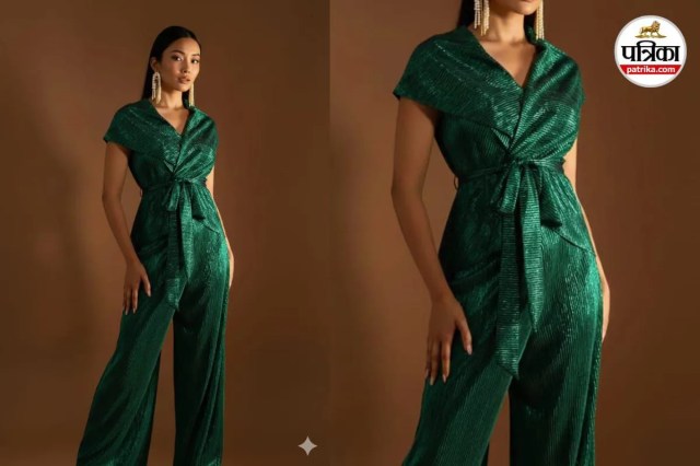 Shiny metallic pant-suit for women, metallic party dress.