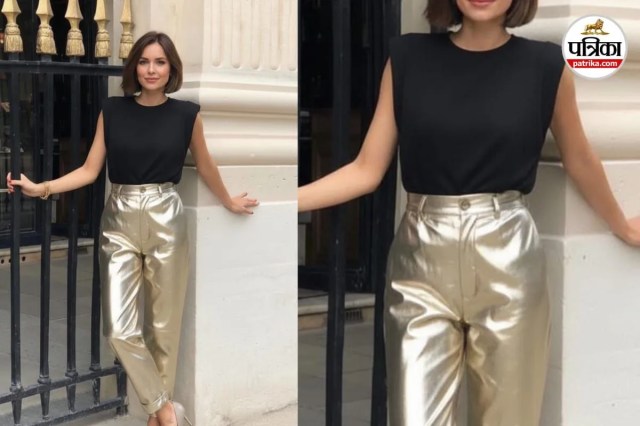 Silver metallic pants with black top, Bold shimmer trousers for party.