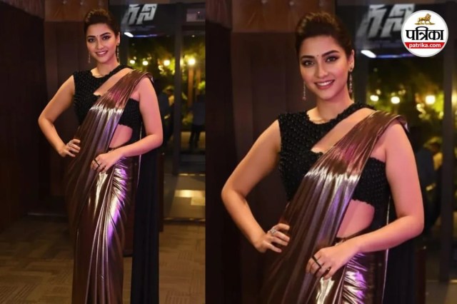  Modern metallic saree for New Year, Ethnic metallic fusion party outfit.