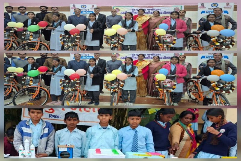 A gathering of parents in the schoolyard, daughters ready to "take flight" after receiving bicycles.