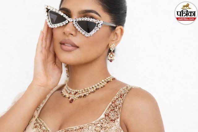 Crystal-studded bridal sunglasses, Gen-Z bride in pearl shades