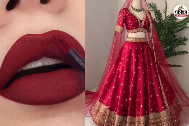 Royal red wedding outfit and lipstick combo, Red bridal lehenga with classic red lipstick