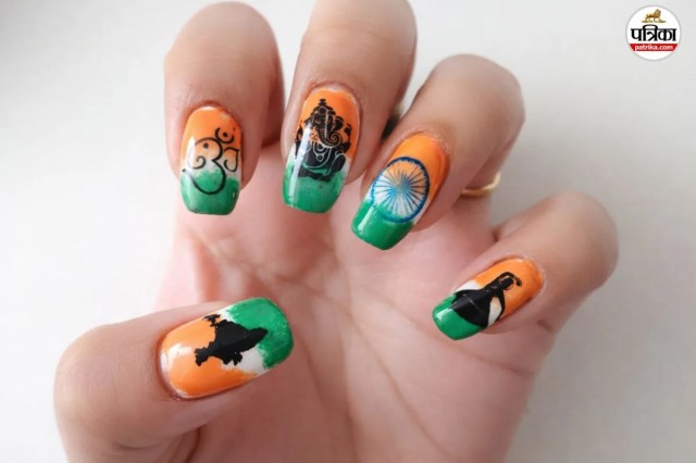Cultural Indian flag nail art, Om and Ganesh tricolor nail art