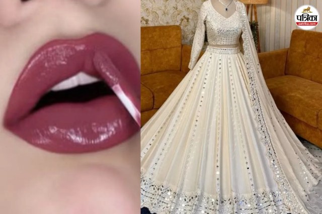 Glossy mauve lips for ivory wedding outfit