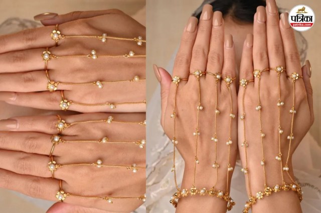 Pearl-studded bridal hathphool design, Minimal mehndi with gold hathphool