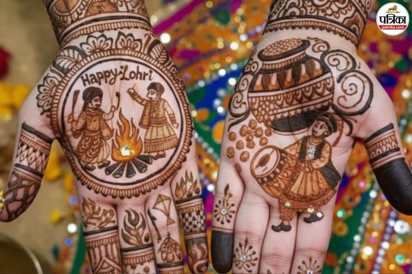 Lohri special bonfire and dhol mehndi pattern, Traditional Punjabi style henna for Lohri festival