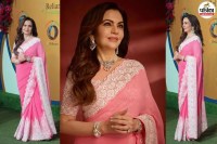 Nita Ambani rose pink saree look, Nita Ambani latest saree style, Nita Ambani world cup event photos, Nita Ambani pink saree and pearls