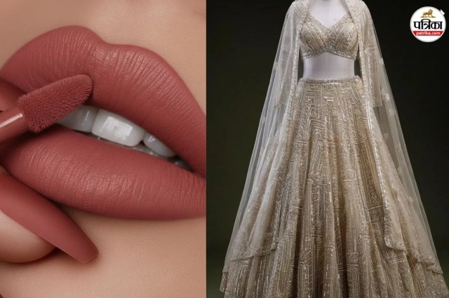 Caramel nude lips for sequined wedding dress, Nude lipstick for golden bridal lehenga