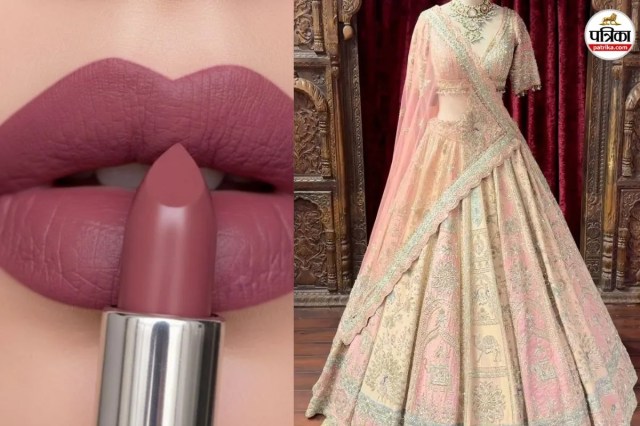 Light pink lehenga and peach lip shade, Peach lipstick for pastel bridal lehenga