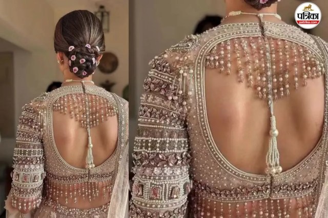Classy bridal blouse with pearl lace, Royal pearl-studded open back blouse